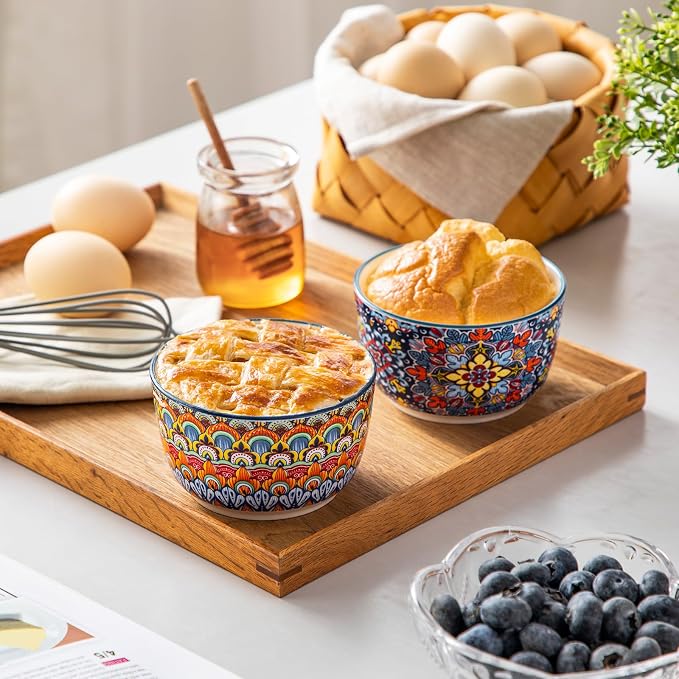 vancasso 8 Oz Ramekins Oven Safe Set of 6, Ceramic Baking Souffle Dishes | Bohemian Ramekins for Creme Brulee, Souffle, Custard, Pudding, Small Bowls for Snacks, Ice Cream, Microwave & Dishwasher Safe