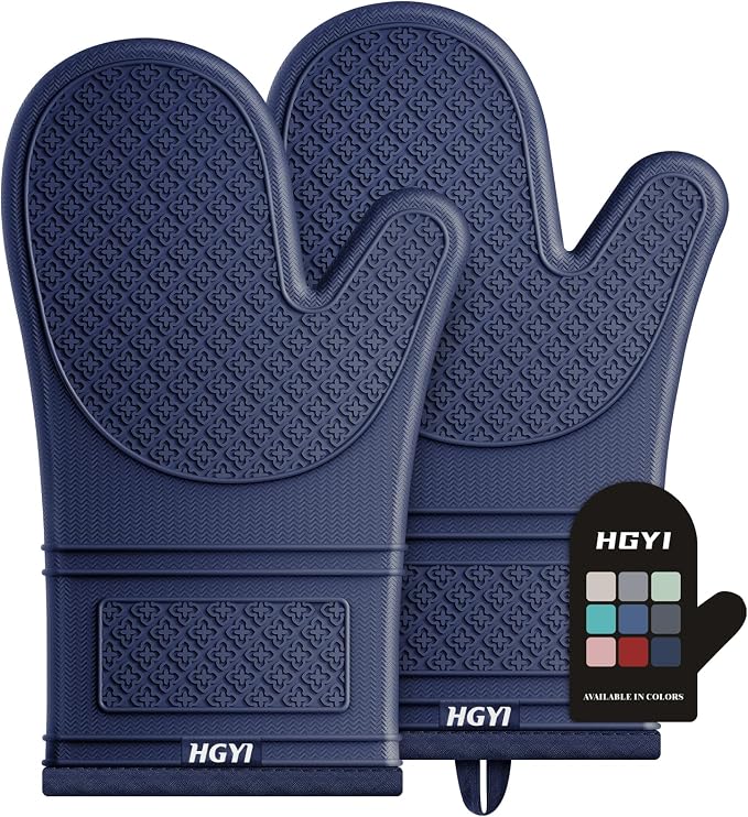 Silicone Oven Mitts, Heat Resistant Oven Gloves with Quilted Liner, Waterproof & Non-Slip Kitchen Mittens for Baking Cooking BBQ, 500°F, 12.5"-Ink Blue