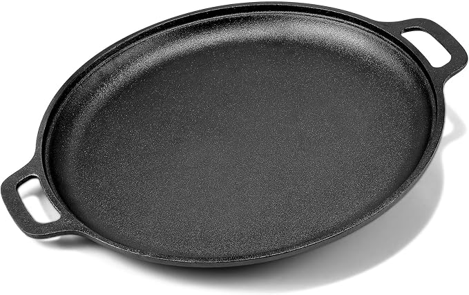 13.8 Inch Cast Iron Pizza Pan - Round Comal for Even Heating - Works on Oven, Grill & Campfire, Heavy-Duty Cast Iron Pizza Stone with Dual Handles