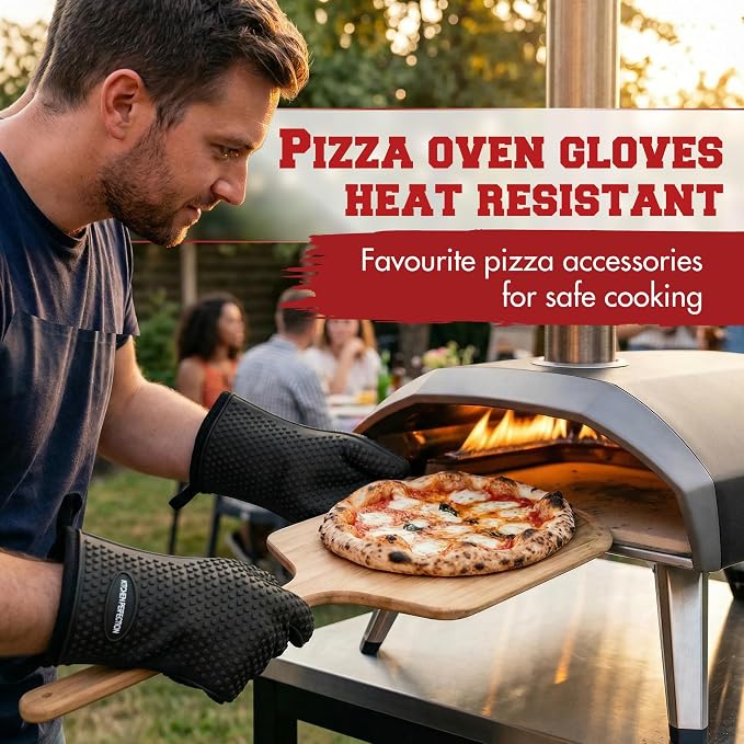 KITCHEN PERFECTION Silicone Pizza Oven Gloves - Heat Resistant Oven Mitts | Waterproof, 5-Finger Design For A Better Grip, for Outdoor & Indoor Pizza Ovens, Compatible with Ooni, Ninja, Gozney & More