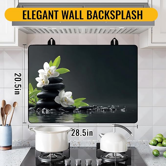 NYZE Stove Top Cover for Electric/Glass Stove, Flat Top Cooktop Protector, Electric Cooktop Cover, Extra Counter Space for Kitchen (White Orchid Stacked Stones)