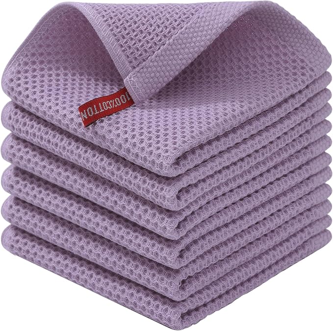 Kitinjoy 100% Cotton Waffle 6-Pack Kitchen Towels, 12" x 12", Lavender | Ultra Absorbent, Super Soft, lightweight, Quick Drying Dish Rags for Washing Dishes