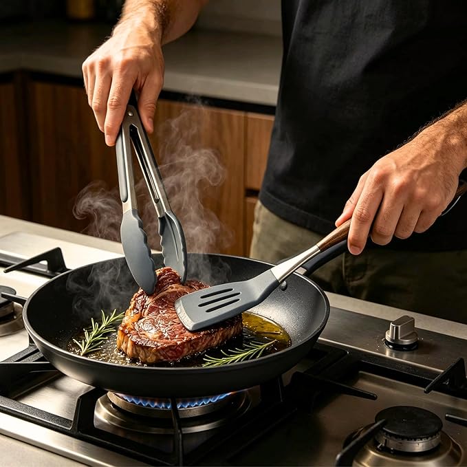 Silicone Cooking Utensil Set 7-Piece, Heat Resistant Kitchen Utensils Set Non-Stick with Wood Grain Handle, BPA-Free Spatula Set Dishwasher Safe (Space Gray)
