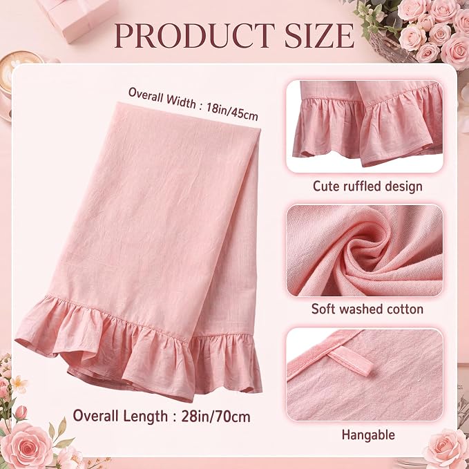 HunnmingRe Light Pink Kitchen Towels Set of 2, 100% Cotton Retro Ruffled Dish Towels 18"x28" Absorbent Tea Cloths for Farmhouse Charm, Drying Dishes, Entertaining Guests