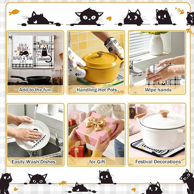 8 PCS Black Cat Decor Kitchen Decor and Accessories - 4 Dish Towels Set 2 Oven Mitts and Pot Holders Sets for Cat Lover Cooking Baking Cute Kitty Kitten Plaid Lightweight