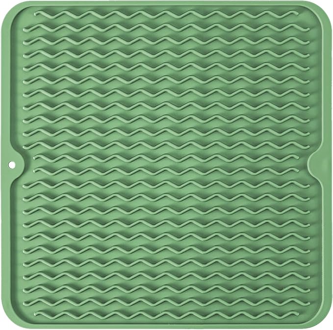 Silicone Dish Drying Mat, Non-Slip Easy Clean Sink Mat, Dark Green, 12"x12" | Quick-Dry Ridges, Large Heat-resistant Dish Drainer Mat for Kitchen Counter, Hangable & Roll-Up for Storage, Dishwasher Safe