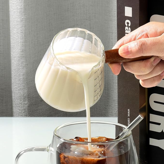 Joeyan 6 oz Glass Measuring Cups with Spout,Borosilicate Glass Triple Pitcher with Scale,Origami Style Espresso Shot Glasses with Wood Handle for Coffee Milk,Dishwasher Safe