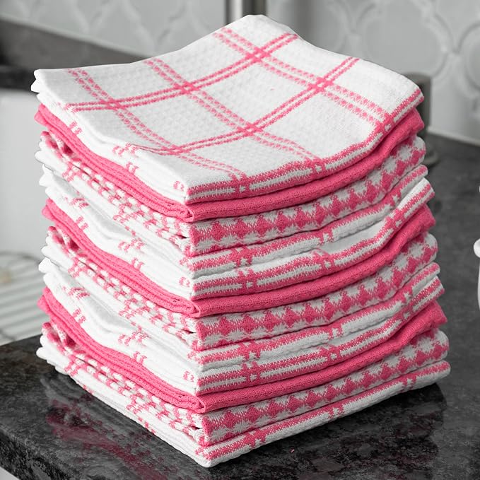 T-Fal Premium Waffle Dish Cloths: Highly Absorbent, Super Soft Long Lasting - 100% Cotton, 12"x13" Towel for Cleaning & Drying, (12-Pack), Pink