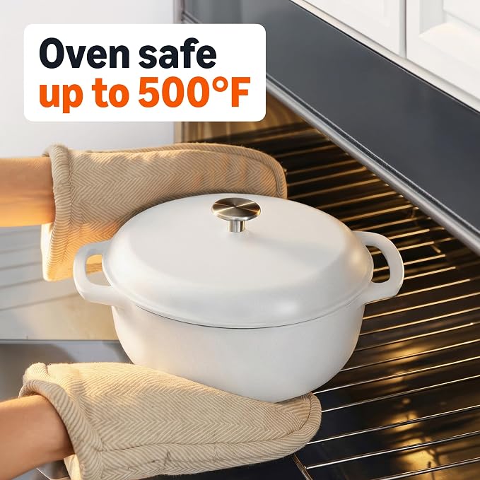 Amazon Basics Enameled Cast Iron Dutch Oven Pot with Lid, Round, Dual Handles, Heavy-Duty, Oven Safe for Stews, Roasting, Baking, 6-Quart, Matte White
