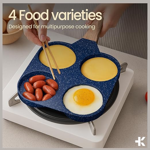 4-Cup Nonstick Frying Egg Pan Blue Marble, Granite Pancake Pan, PFOS & PFOA Free, Die-Cast Aluminum with Heat-Resistant Handle, 500°F Stove-Safe, Compatible with Induction, Gas & Electric Cooktops