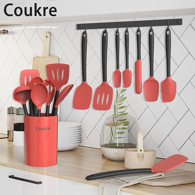 Coukre Silicone Kitchen Cooking Utensils Set, Heat Resistant, 14-Piece | Dishwasher-Safe, Food-Grade Silicone, BPA-Free, Spatulas, Spoons & Turner, Safe for Nonstick Cookware, Red