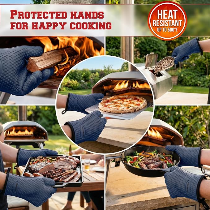 KITCHEN PERFECTION Silicone Pizza Oven Gloves - Heat Resistant Oven Mitts | Waterproof, 5-Finger Design For A Better Grip, for Outdoor & Indoor Pizza Ovens, Compatible with Ooni, Ninja, Gozney & More