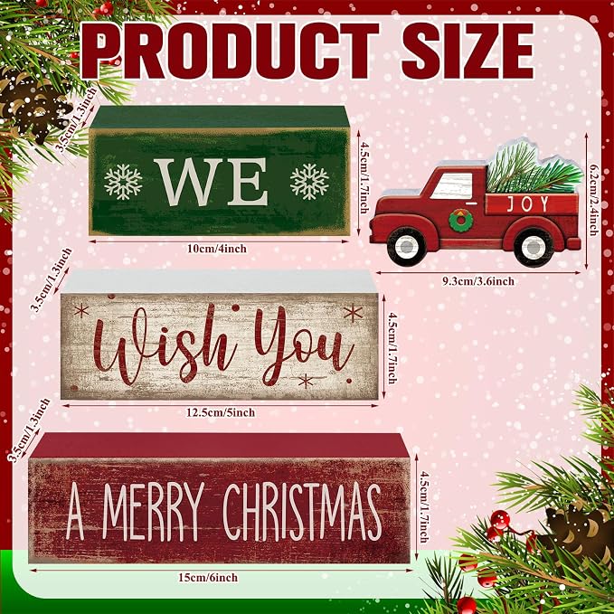 Lineshading 4 Pcs Wooden Red Truck Christmas Decor Block Signs | Farmhouse Tiered Tray Decor, Rustic Indoor Tabletop Centerpiece, Vintage Wooden Block Signs, Merry Christmas Truck Theme
