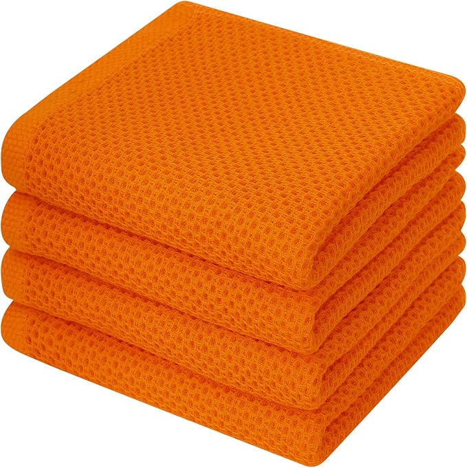 Kitinjoy 100% Cotton Waffle 4-Pack Kitchen Towels, 13" x 28", Orange | Super Soft, Ultra-Absorbent, Fast Drying, lightweight, Quick Drying Kitchen Hand Towels