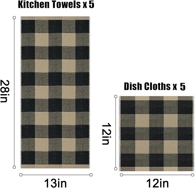 Homaxy Kitchen Towels and Dishcloths Set, Set of 10, Black & Tan | Bulk Cotton Waffle Weave Check Plaid Kitchen Towels, Super Soft and Absorbent Dish Cloths, 12 x 12 and 13 x 28 Inches