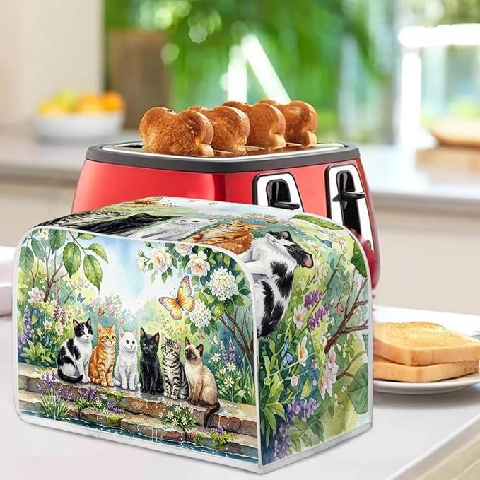 Cats Floral Print Bread Machine Cover 4 Slice Wide Slot Toaster Dust Covers Butterfly Print Protective Cover for Kitchen