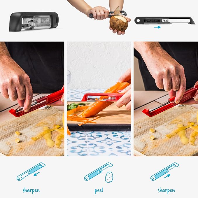 Dreamfarm Sharple Self-Sharpening Vegetable Peeler - Black | Ceramic sharpener in safety cover automatically hones stainless steel swivel blade, suitable for left & right handed use