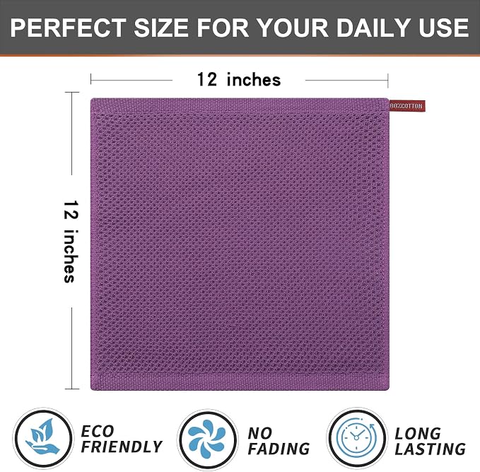 Kitinjoy 100% Cotton Kitchen Dish Cloths, 6 Pack Waffle Weave Ultra Soft Absorbent Dish Towels for Drying Dishes Quick Drying Kitchen Towels Dish Rags, 12 X 12 Inches, Violet | Ultra Absorbent, Super Soft, lightweight, Quick Drying Dish Rags for Washin...