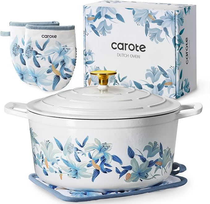 CAROTE 7QT Enameled Cast Iron Dutch Oven Pot with Lid, White & Blue | Sourdough Bread Baking with Cotton Potholders & Oven Gloves, Gift Box, Cookware for Braising, Oven Safe up to 500° F