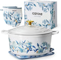 CAROTE 7QT Enameled Cast Iron Dutch Oven Pot with Lid, White & Blue | Sourdough Bread Baking with Cotton Potholders & Oven Gloves, Gift Box, Cookware for Braising, Oven Safe up to 500° F