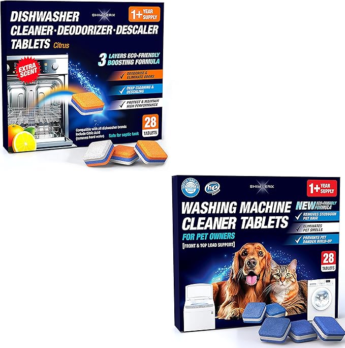 Washing Machine Cleaner for Pet Owners & Dishwasher Cleaner, 2 x 28 Pack | Deodorizer, Descaler Tablets, 1 Plus Year Supply, Septic Tank Safe, Eco-Friendly Formula, All Machine Types, Hard Water Areas