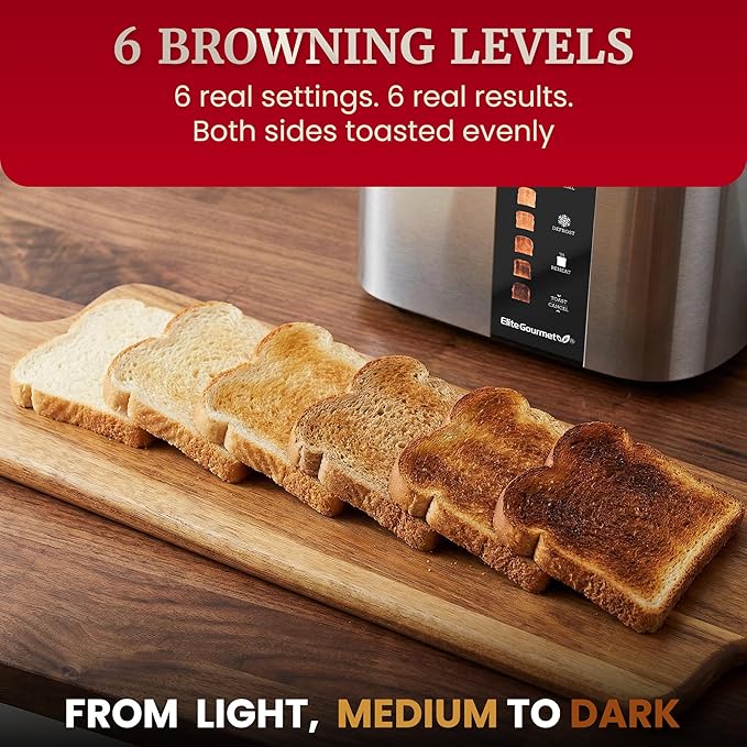 Elite Gourmet ECT2470 2-Slice Automatic Toaster, Stainless Steel | Motorized, No-Lever Digital Touchscreen, 6 Browning Levels, Bagel, Defrost & Reheat, Extra-Wide Slots