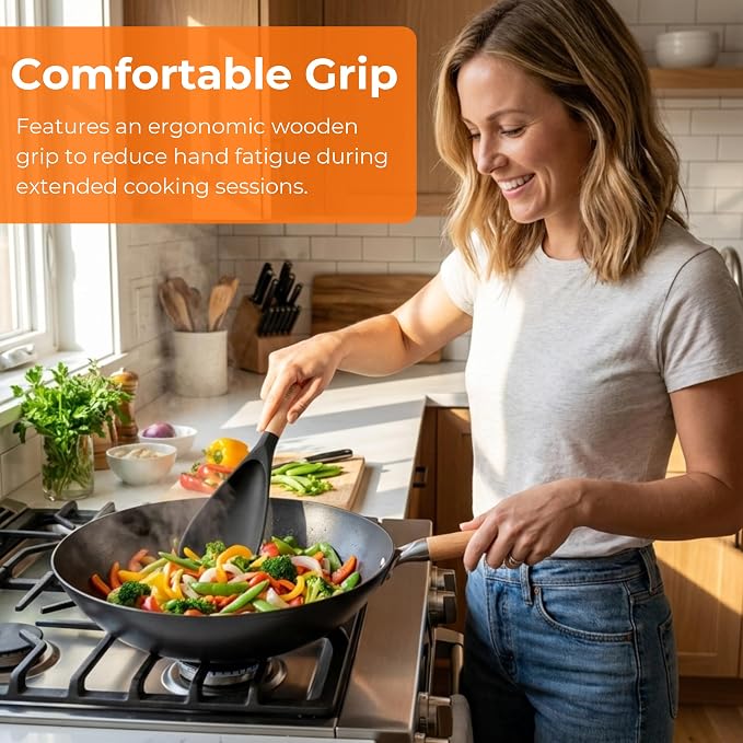 13" & 11" Silicone Cooking Spoons 2-Pack with S-Hooks - Wooden Handle Spoonula Set for Nonstick Cookware - Heat Resistant 446°F Spatula Spoon for Mixing & Serving, BPA Free