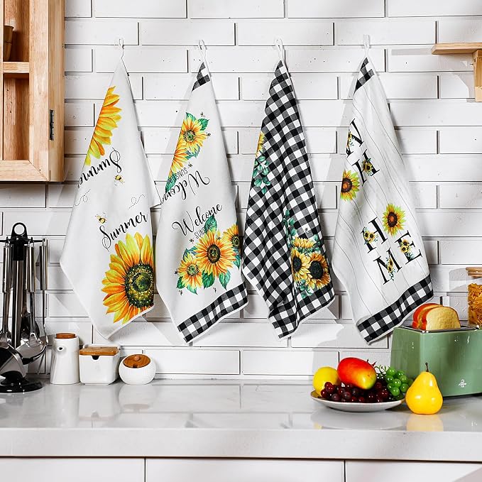 4 Pcs Sunflower Kitchen Towels Set, Hand Tea Towels Gifts | Absorbent Fast Drying Dish Clothes Floral Black White Plaid Decor Housewarming Gift for Cooking Bathroom Kitchen Decor