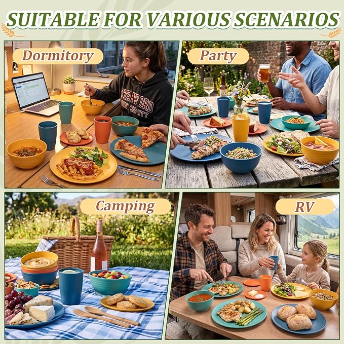 PYRMONT 40 PCS Wheat Straw Plates and Bowls Set Unbreakable Dinnerware Set Dishes for 8-Plate Sets,Cups Set,Microwave & Dishwasher Safe Bowls Set for Party,Family Gathering,RV-Multi