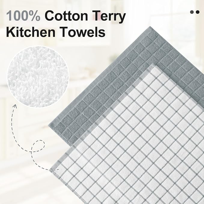 Homaxy Premium Cotton Kitchen Dish Cloths 12"x 12", 8 Pack, Grey | Natural Ring Spun 390 GSM Dish Rags, Super Absorbent Terry Dish Towels, Soft Dishcloths with Hanging Loop