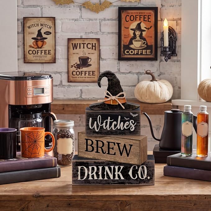 Lineshading 4 Pcs Halloween Witch Wood Block Signs, Tiered Tray Decor | Rustic Wooden Blocks with Witches Brew Theme, Distressed Farmhouse Style for Tabletop, Fall Party Home Decoration