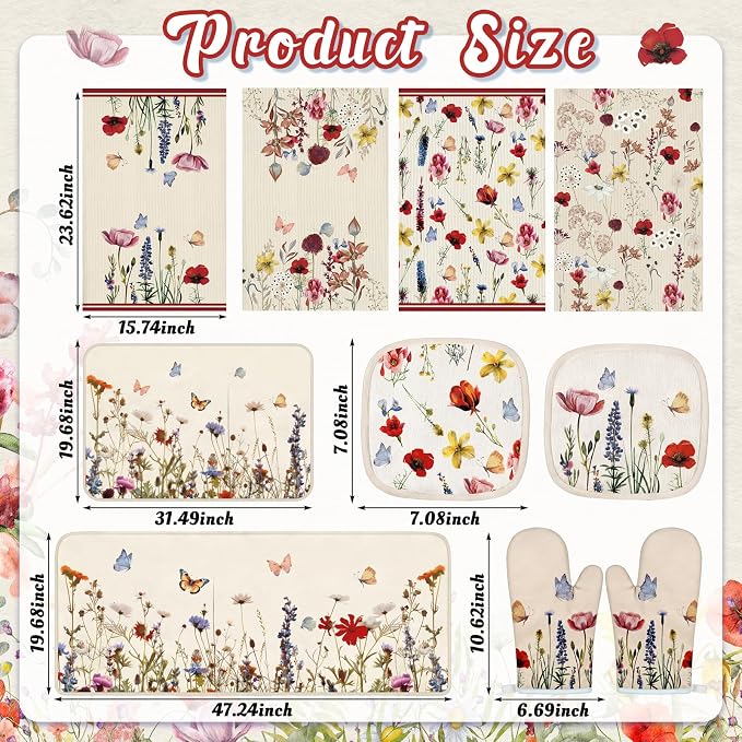 Tieshankao 10Pcs Wildflower Kitchen Decor Accessories Set | Vintage Wildflower Floral Theme, Kitchen Towels, Oven Mitts, Pot Holders, Rugs and Mats, Baking Supplies, Housewarming Gifts