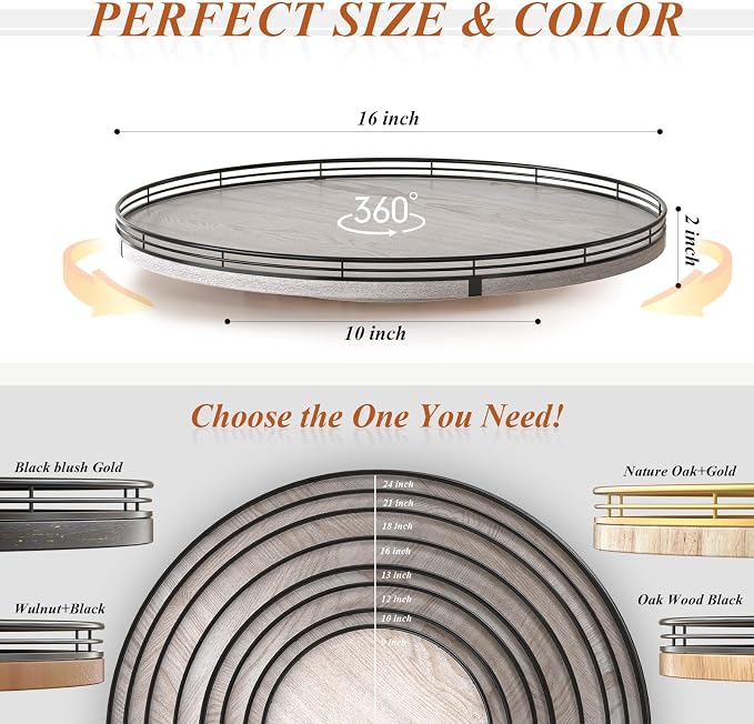 AMH 16-Inch Whitewashed Farmhouse Oak Lazy Susan Organizer | Smooth rotating oak tray with walnut finish for dining tables, kitchen counters, pantries and cabinet storage.