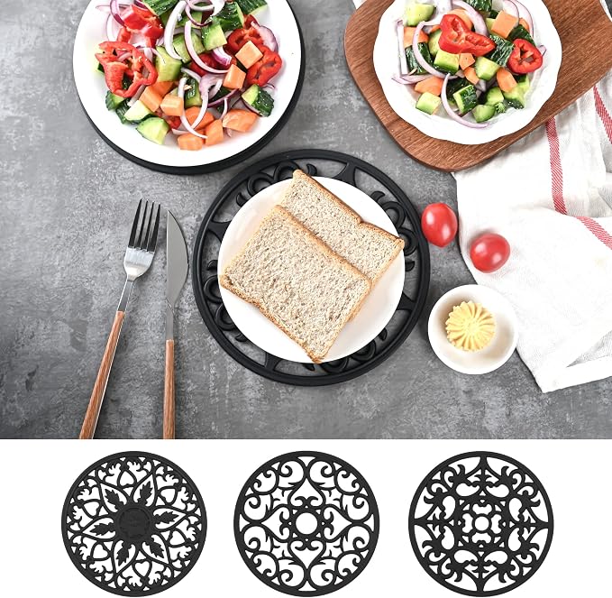 Silicone Trivets Mats for Hot Pots and Pans, Multi Purpose Trivets Mat -Heat Resistant Silicone Trivet Intricately Carved Hot Pads Set of 6 (A: Style 1-Black)