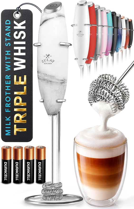 Zulay Kitchen Powerful Milk Frother Wand With Duracell Batteries - Ultra Fast Handheld Drink Mixer - Electric Whisk Foam Maker for Coffee, Lattes, Cappuccino & Matcha - Triple Whisk - Onyx Marble