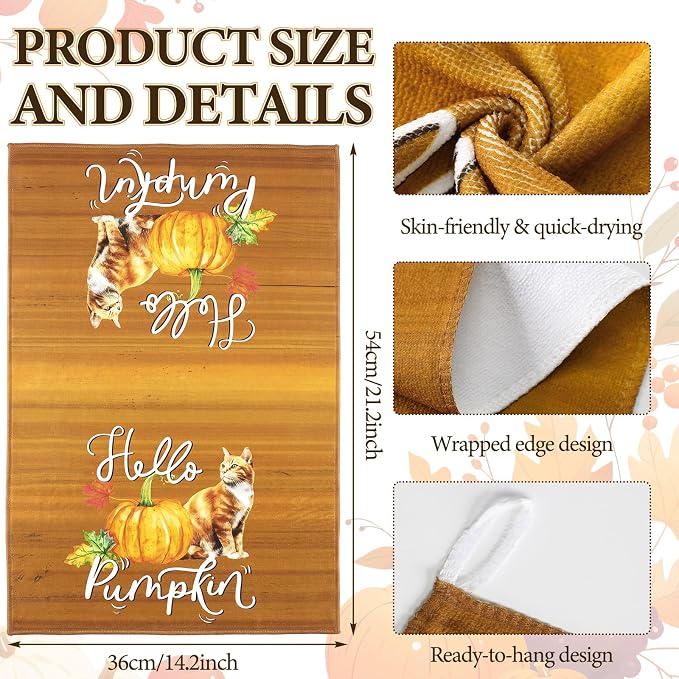 Silifine 12 Pcs Fall Pumpkin Cat Pot Holders Oven Mitts Kitchen Towels Set | Autumn Thanksgiving Decoration, Maple Kitten Design, Cooking Baking Use, Housewarming Hostess Gifts, Fall Kitchen Accessories