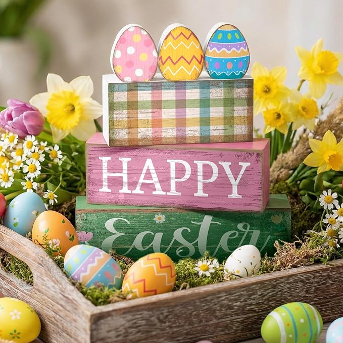 Lineshading 4 Pcs Easter Wooden Block Signs, Farmhouse Tiered Tray Decor | Includes 3 Painted Eggs and Happy Easter Sign Blocks, Rustic Wood Finish for Spring Home Mantle Shelf Centerpiece