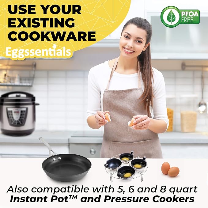 Egg Poacher Insert Stainless Steel Poached Egg Cooker Eggs Poaching Cup PFOA Free Egg Poachers Nonstick, 7.25" Rack Compatible with Skillet Instant Pot Pressure Cooker, 4 Poached Cups