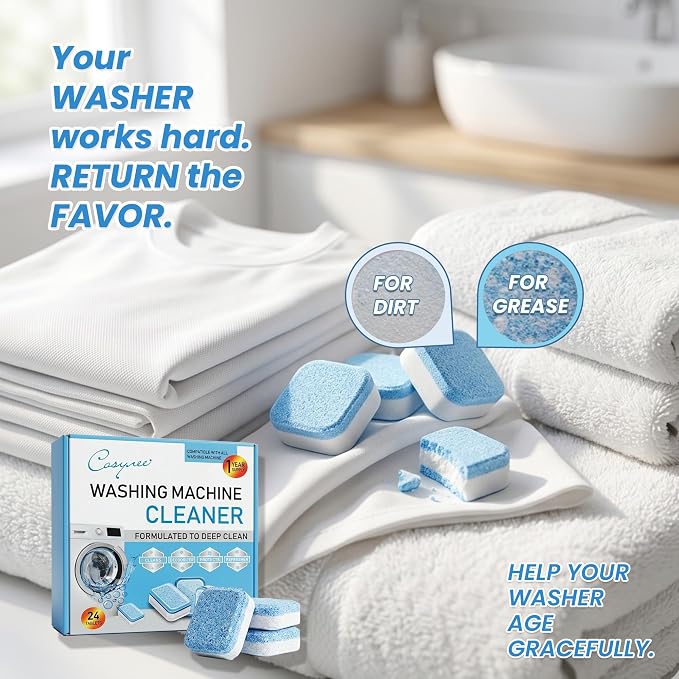 Washing Machine Cleaner Descaler 24 Pack - Deep Cleaning Tablets For Front Loader & Top Load Washer, Eco-Friendly Deodorizer, Clean Inside Drum and Laundry Tub Seal - 12 Month Supply