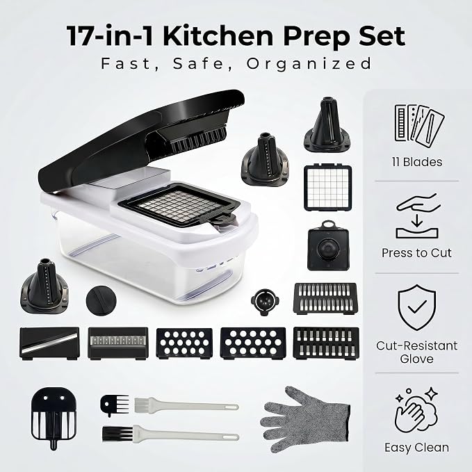 Veggie Chopper & Onion Dicer, Spiralizer, Container, Safety Glove | 17-in-1 veggie chopper with 2 dicer sizes, slicer, spiralizer & peeler. Includes cut-resistant glove & strainer container.
