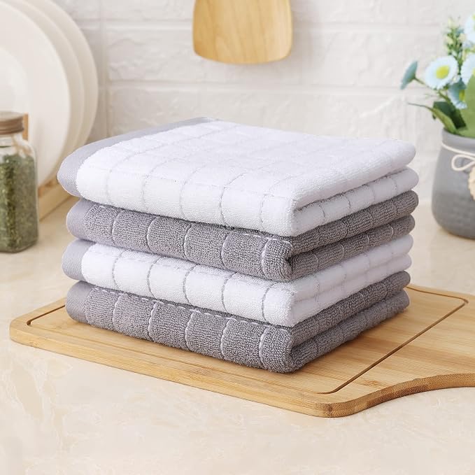 Homaxy 100% Cotton Terry Kitchen Towels, 4 Pack, White and Light Grey | Ultra Soft and Absorbent Dish Towels for Kitchen, Suitable for Drying and Washing Dishes