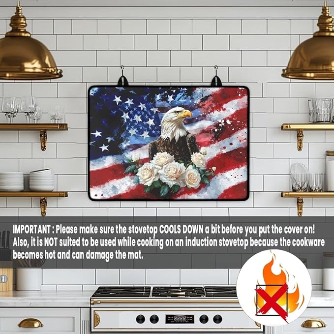 4th of July Gas Burners Top Covers, American Flag Eagle, Soft Extra Large Stove Top Cover for Electric Non-Slip Rubber Base Surface Heart Resistant Oven Cover Mat 30x21 Inch