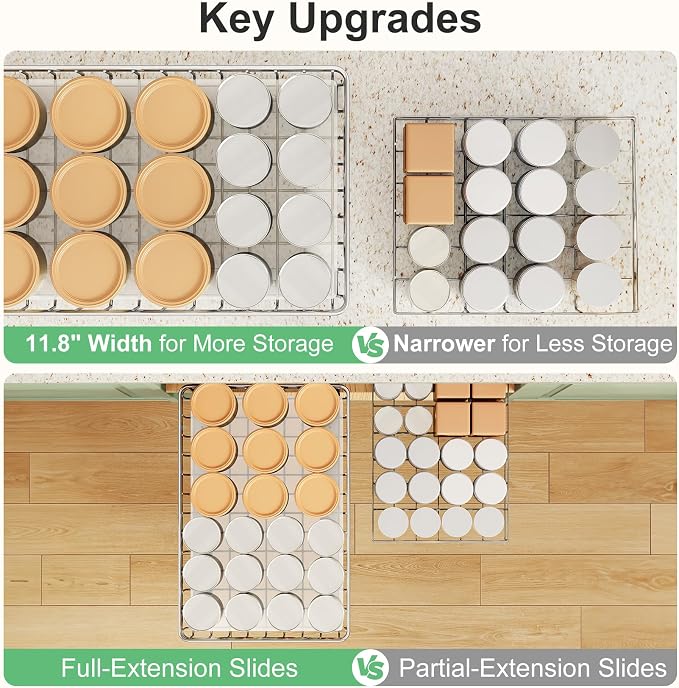Stainless Steel Pull Out Cabinet Organizer(11.8"W x 16.5"D x 4.7"H)-1 Pack, Minimalist Design Frame, Full-Extension Slide Rails, Easy Installation for Pantry Organizers or Kitchen Cabinet Organizer