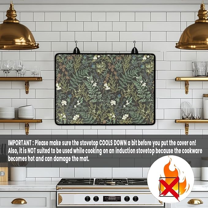 Botanical Print Stove Top Covers for Electric Stove Floral Black Sage Green Flower Plant Glass Top Gas Stove Pad Heat Resistant Range Cooktop Mat for Kitchen 28"x20"