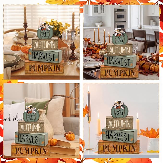 Lineshading 4 Pcs Fall Wood Block Signs Pumpkin Harvest Tiered Tray Decor | Stackable Rustic Blocks with Pumpkin Topper, Autumn Harvest Prints, Farmhouse Tabletop Centerpiece for Seasonal Decor