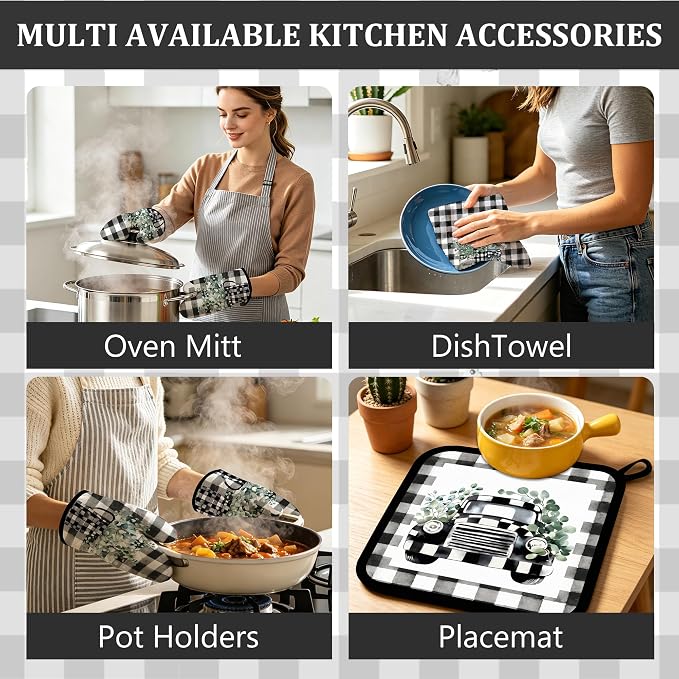 8 Pcs Kitchen Towels Pot Holders and Oven Mitt Set Kitchen Accessories 4 Dish Towels 2 Absorbent Square Potholders 2 Heat Resistant Glove for Cooking Baking Home (Green(Eucalyptus Leaf))