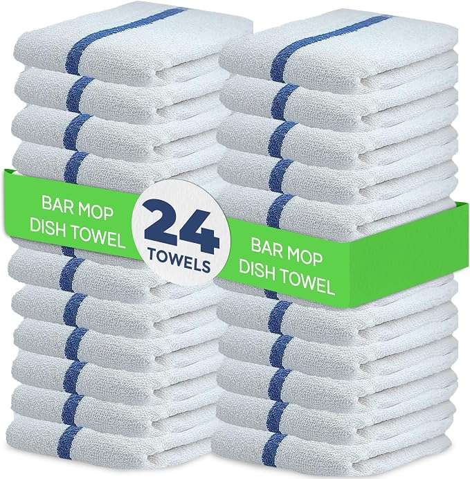 Towels N More 24-Pk 16x19 30 Oz. Cotton Kitchen Bar Mop Towels Blue Stripe | Reusable Kitchen Cleaning Towels for Chef, Cook, Home, Restaurant & Bar. Highly Absorbent, Multi-Purpose Cotton Towels