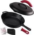 Cuisinel Cast Iron Skillet with Lid - 12"-inch Pre-Seasoned Covered Frying Pan Set + Silicone Handle & Lid Holders + Scraper/Cleaner - Indoor/Outdoor, Oven, Stovetop, Camping Fire, Grill Safe Cookware