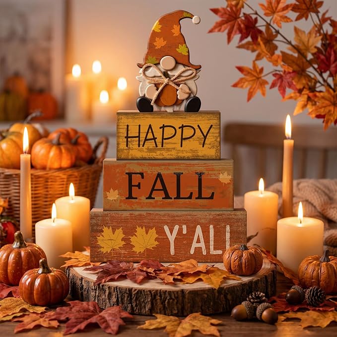 Lineshading 4 Pcs Fall Table Decor Wooden Block Signs with Gnome Set | Farmhouse Home Tiered Tray Pieces, Happy Fall Y'all Sentiment with Pumpkin Gnome, Rustic Thanksgiving Centerpiece