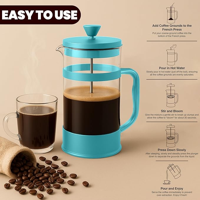 Utopia Kitchen Borosilicate Glass French Press Coffee Maker 34 Oz, Aqua | Heat-Resistant Cafetiere & Tea Maker, Thickened Glass Coffee Press for Travel and Camping